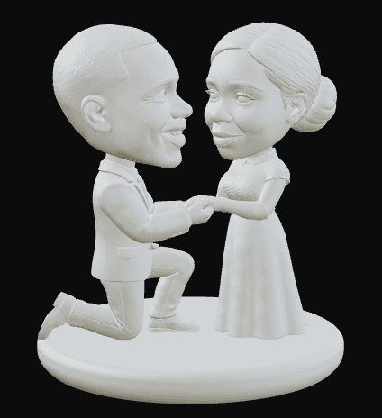 Classic 1-color 3D printed wedding cake topper — proposal pose, kneeling groom
