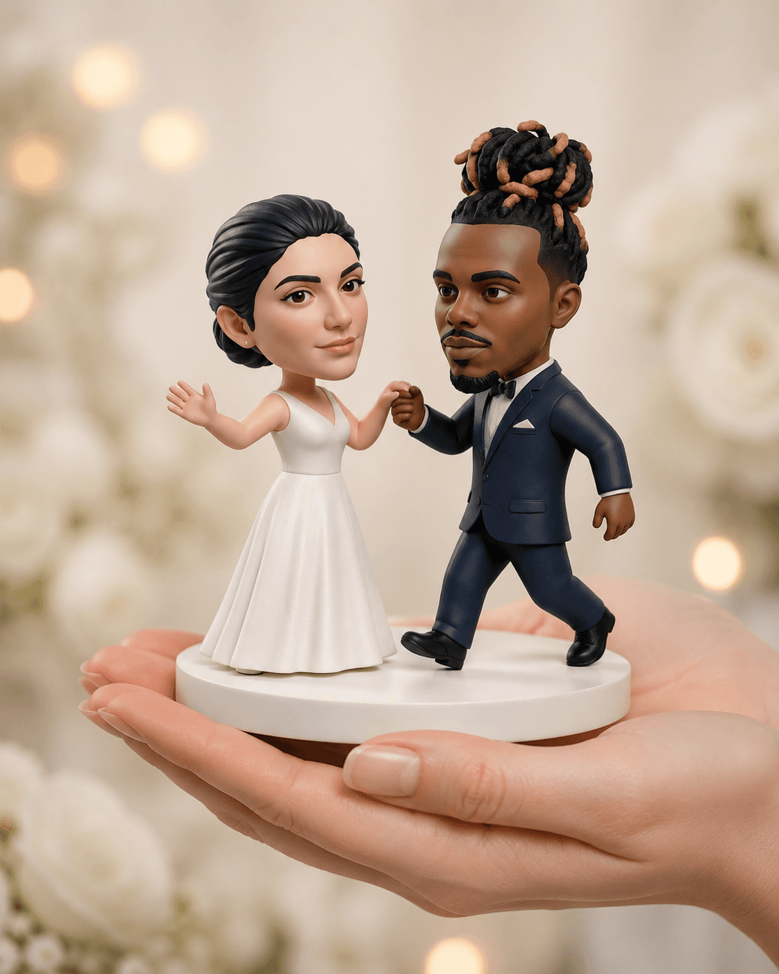 Couple 5 — walking pose heirloom 3D printed wedding figurine held in hand